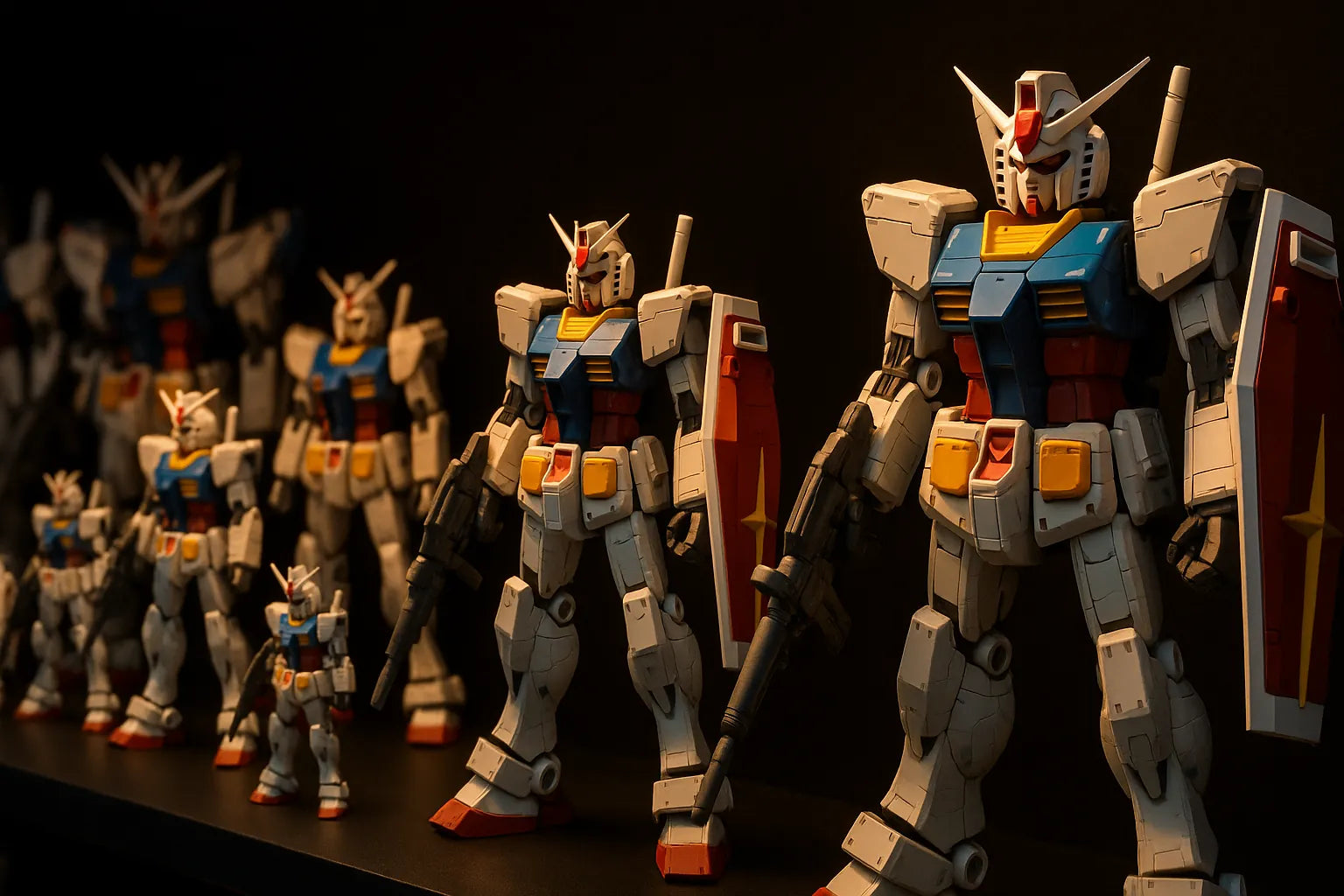 Gundam model kit posed on a builder's workbench with hobby tools