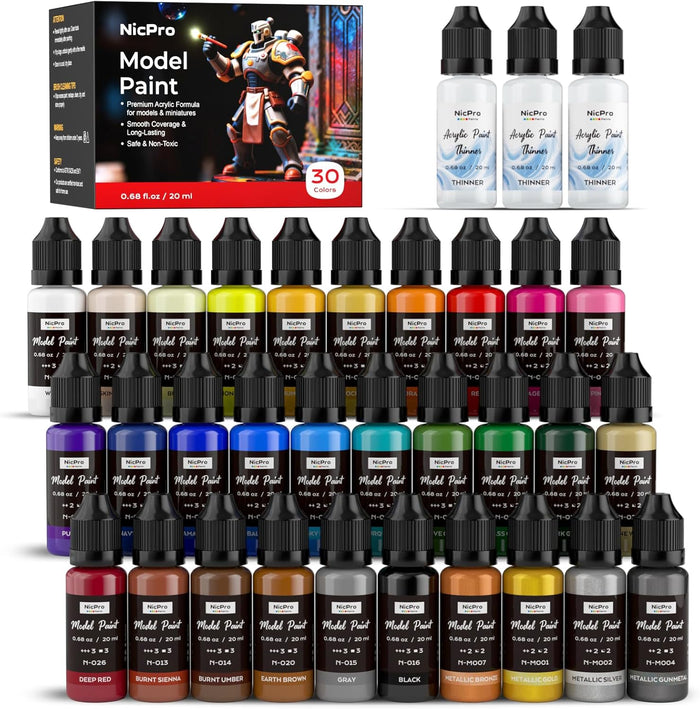 Nicpro 30 Color Model Paint Set Brush & Airbrush 20ml